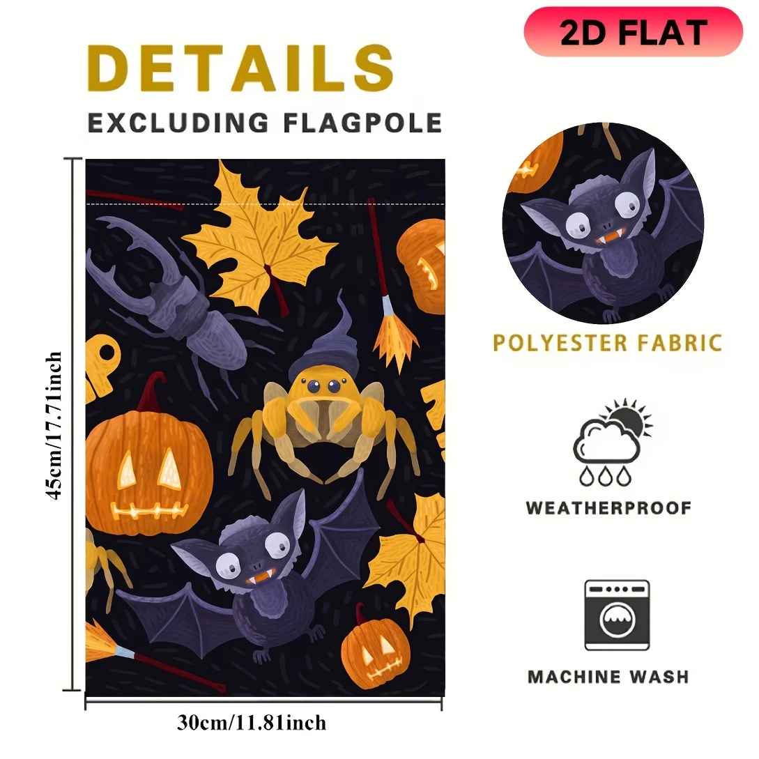 Flat Garden Flag 1 Piece, Black Background Spider Bat Beetle Halloween Garden Flag, Halloween Celebration Flag, Durable Polyester Material, Very Suitable for Garden, Lawn, Yard, Home, Outdoor, Beach Decoration Flag, Halloween Celebration Decoration Flag