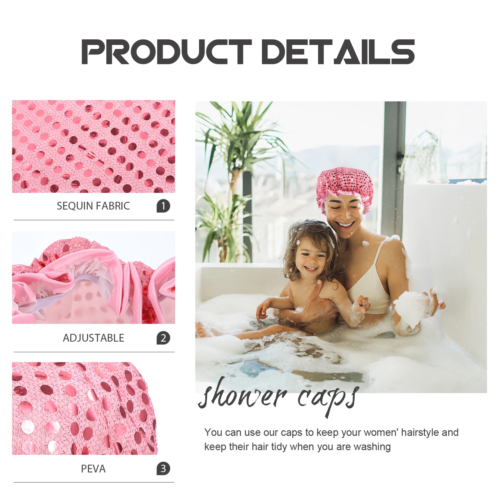 

Double Layer Waterproof Shower Cap Women's Caps Hat Sequin Cloth & Peva Washable Hair