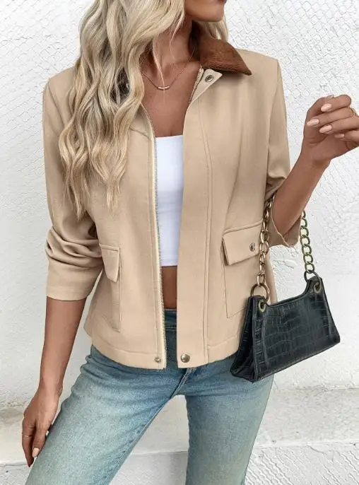 Women's Short Lapel Jacket 2025 Autumn Winter New Style Contrasting Color Lapel Coat for Ladies Fashionable Women's Clothing