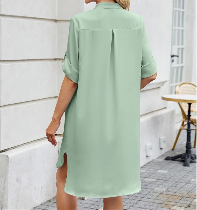 Sommerkleid für Damen, 2022, einfarbig, V-Ausschnitt, kurzärmelig, geteilter Knopf, gerade, lockeres Hemdkleid, elegantes Pendlerkleid
