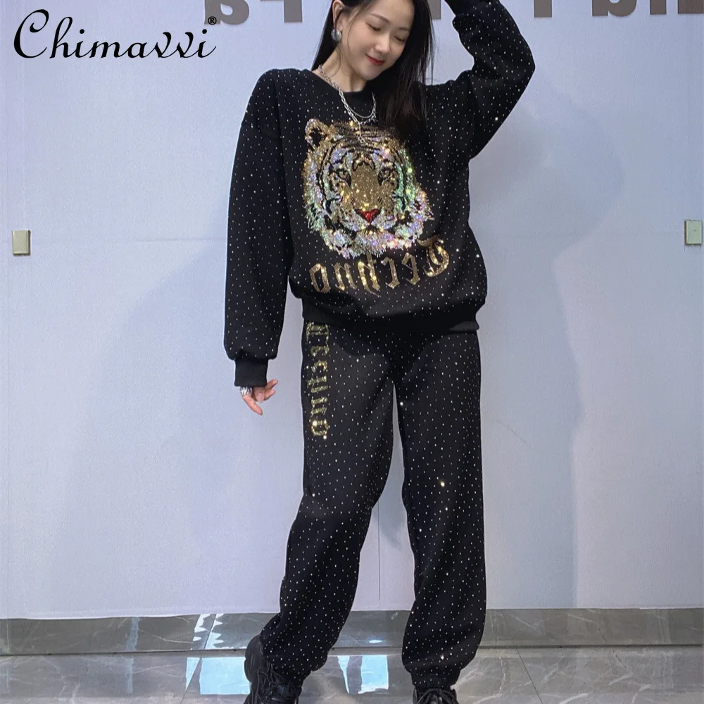 

Модный повседневный свободный свитшот с круглым вырезом и стразами, голова тигра, комплект с длинными рукавами и брюками, женская осенне-зимняя спортивная одежда, комплект из 2 предметов