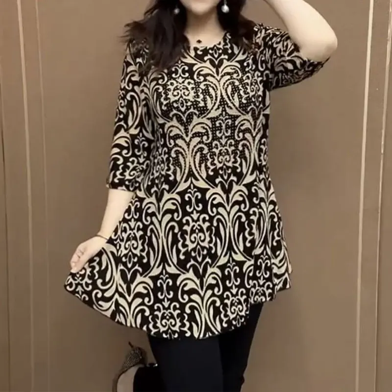 Spring Summer 3/4 Sleeve Shirt Vintage Printed Stylish Diamonds Female Clothing Commute O-Neck Loose Casual All-match Blouse New