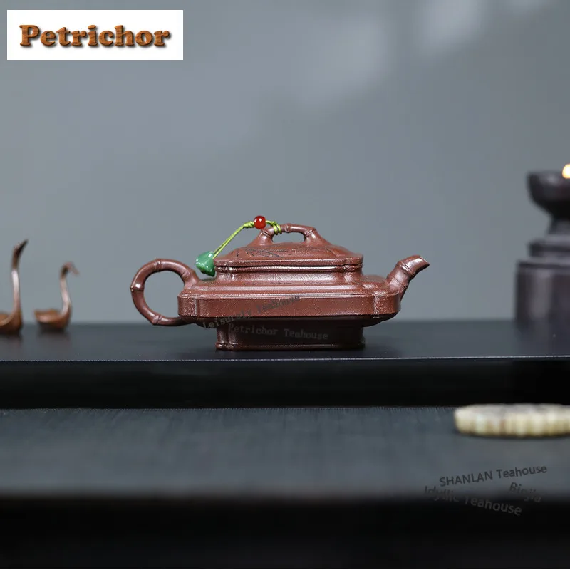 160ml Creative Yixing Purple Clay Teapots Handmade Square Bamboo Pot Raw Ore Purple Mud Kettle With Strainer Zisha Tea Set Craft