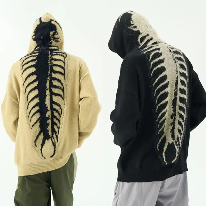 

American Retro Men's Centipede Pattern Hooded Sweater 2024 Spring New Fashion Knitwear Tops Y2k Harajuku Unisex Trend Streetwear