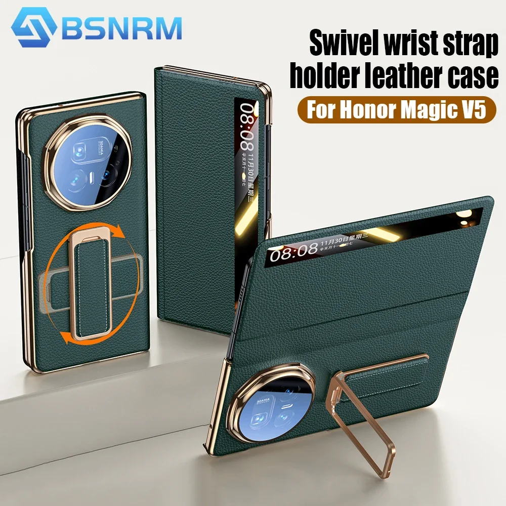 

Чехол для телефона Honor Magic V5, с защитой от магнитных шарниров, защитной пленкой для экрана и подставкой, роскошный кожаный противоударный чехол-зеленый