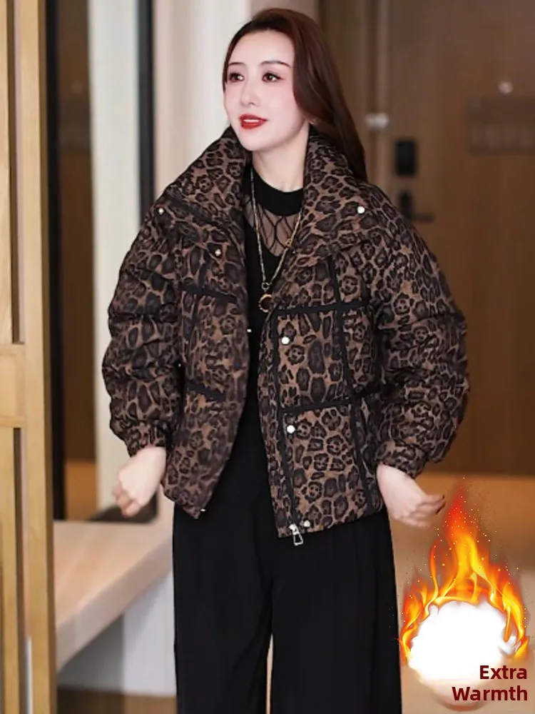 Faionable Thiened Cotton down Jaet Ladies Coat Leopard Print ort Size Bread Sle Winter New Arrival Korean Loose Fit