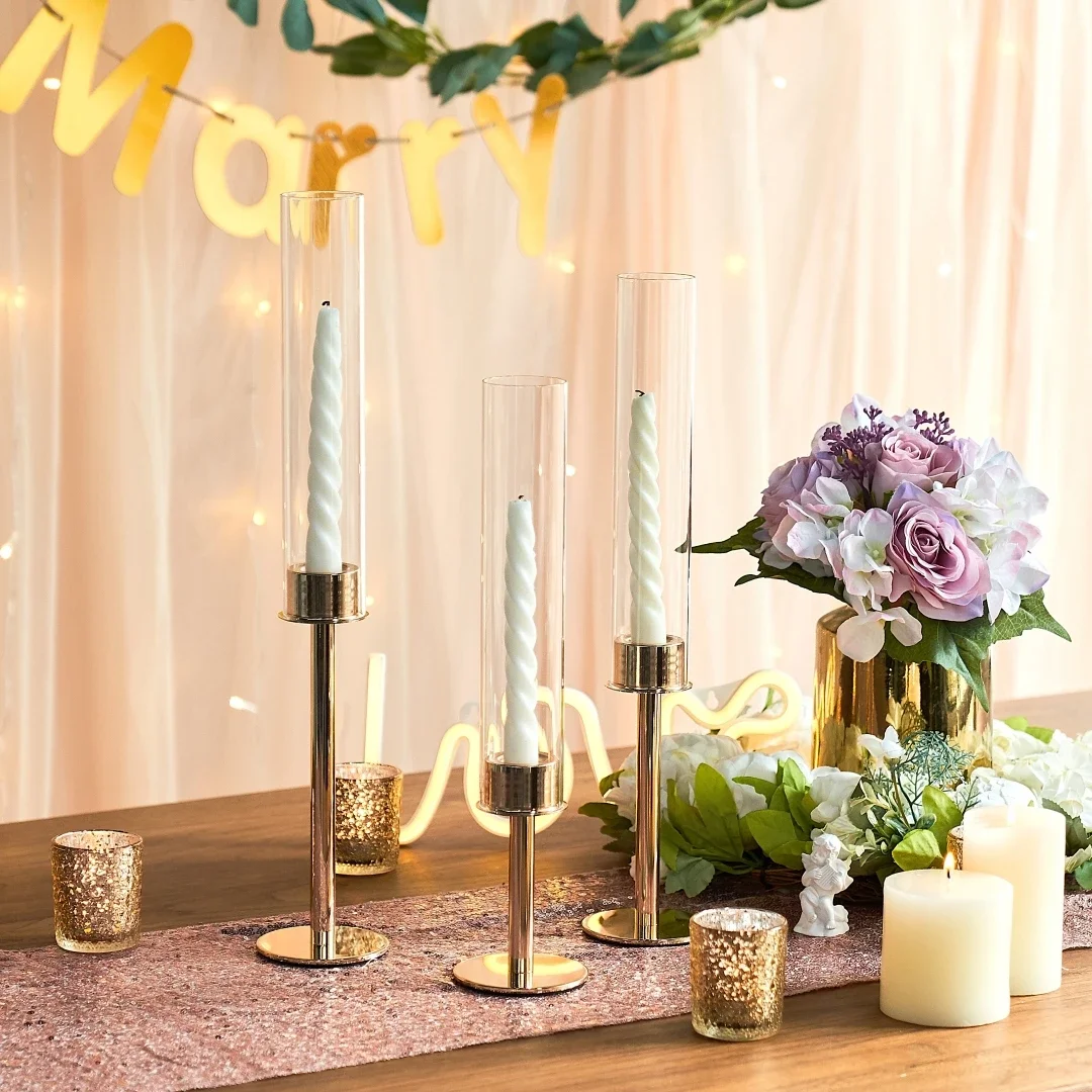 Glass Hurricane Candle Holder Set of 3 Candlestick Candle Holders Glass Cover for Wedding Centerpieces for Tables Home Decor