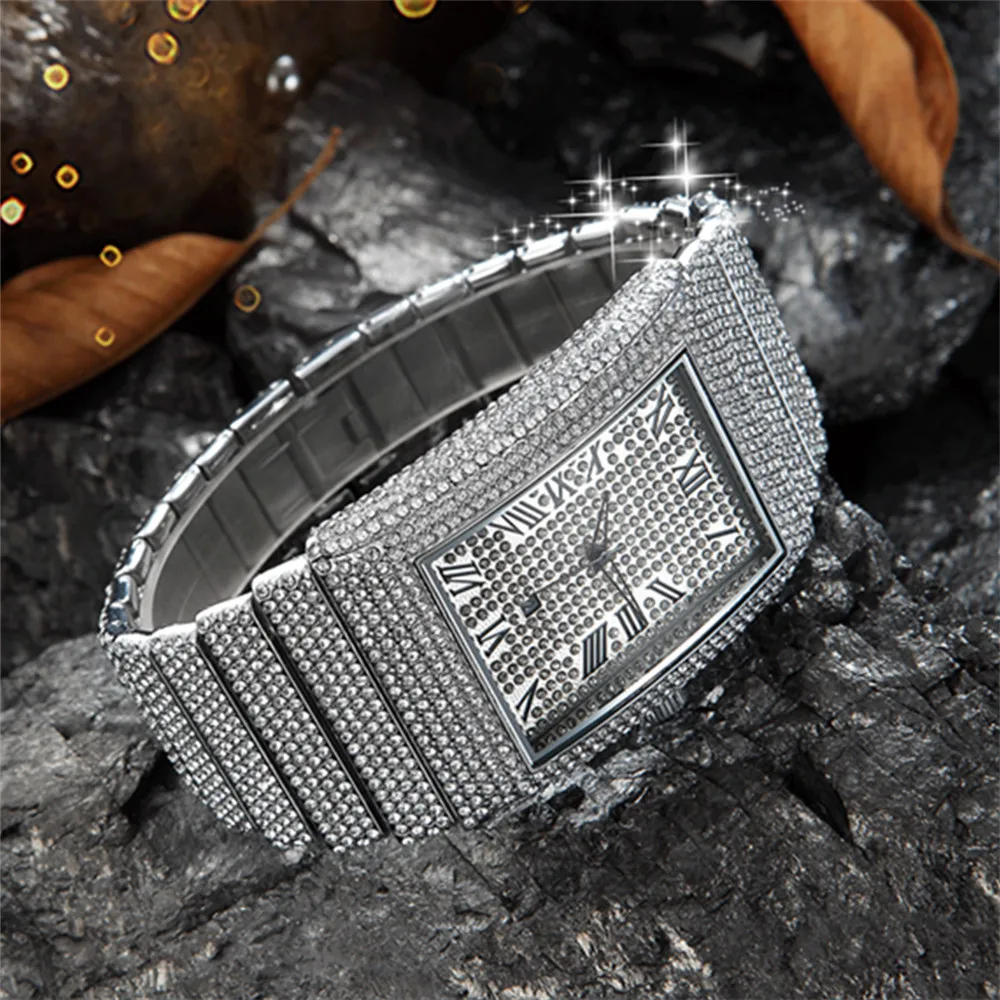 Montre-bracelet rectangulaire en alliage de diamants pour hommes, montres de créateurs de luxe, Hip Hop, décontracté, date, quartz, doré, 1 pièce par lot