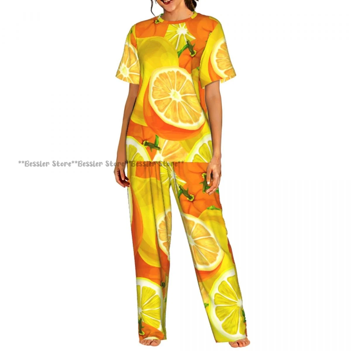 Women's Comfort Pajamas Women's Watercolor Lemons Oranges Short Sleeve Set Sleepwear