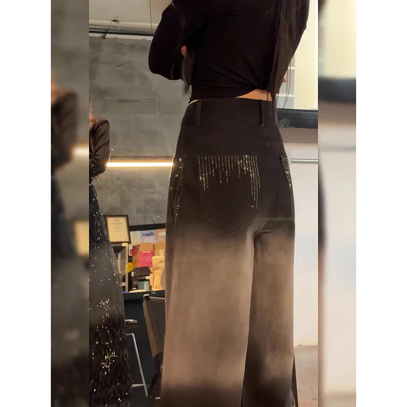 ZHIZOU Women Baggy Black Jean Grunge American Retro Harajuku High Street 2000s Wide Fit Jeans Y2k Japanese Denim Pants Hip-pop