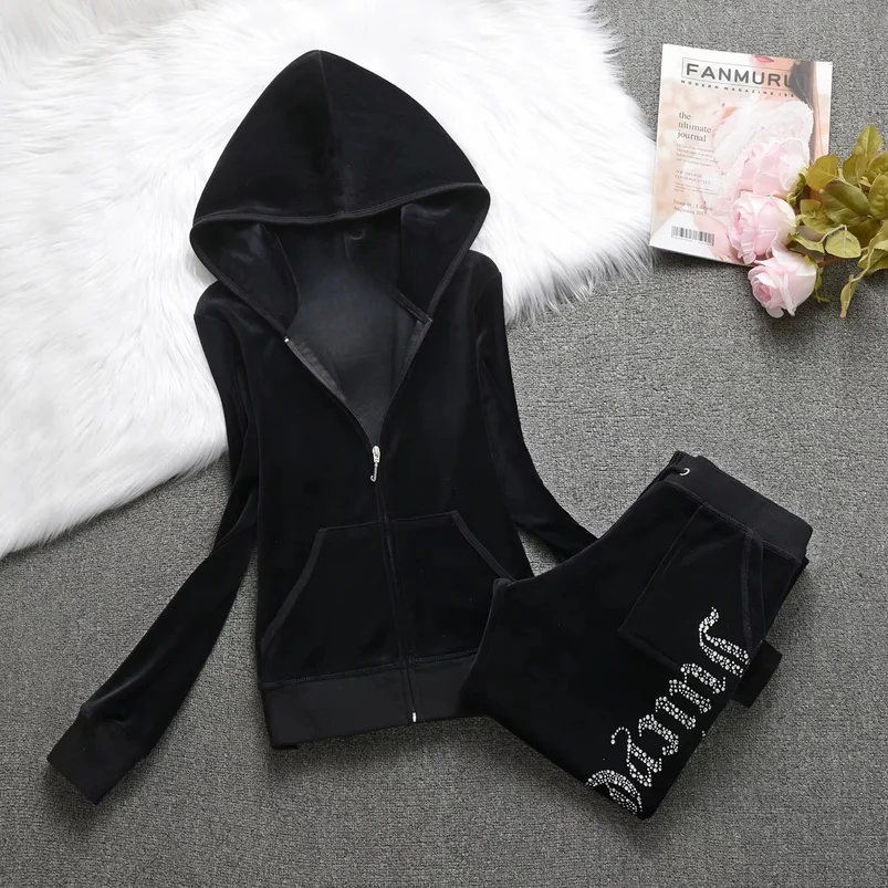 Velvet Tracksuit Women 2 Piece - Heavy Duty Fleece Lined Hooded Top & Trousers, Solid Colour Warm Winter Jogger Set