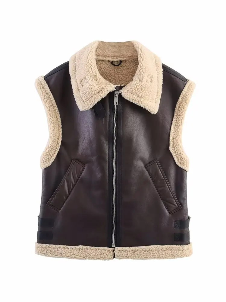 

Women's Thiened Fce Lined Leather And Fur Vest 2024 Sle Autumn Winter New Arrival Zipper Closure Color Commute