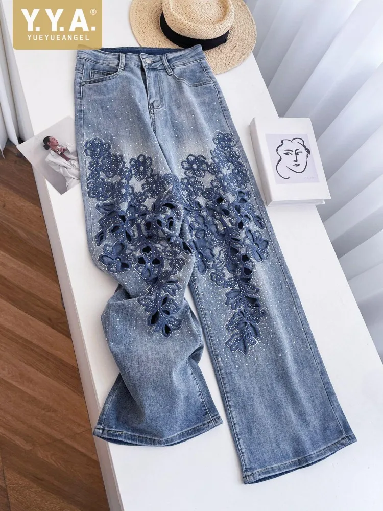 

Vintage Womens Office Casual Denim Pants Embroidery Blue Loose Fit Straight Trousers High Street Fashion Female Wide Leg Jeans