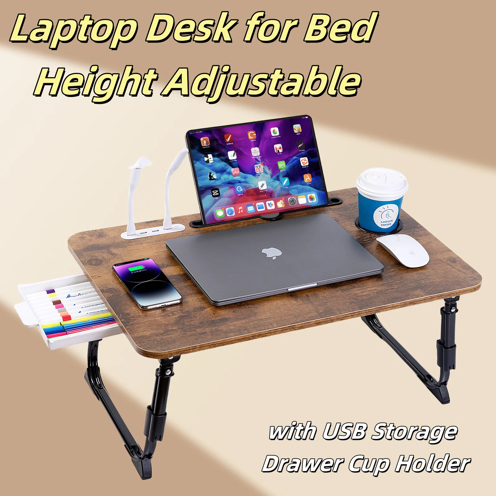 Laptop Desk for Bed Height Adjustable, Portable Laptop Bed Table with USB Storage Drawer Cup Holder, Foldable Lap Desk Breakfast