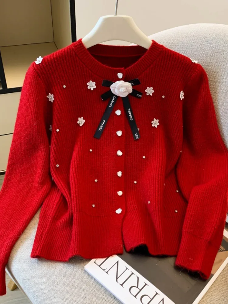 الأحمر محبوك سترة معطف المرأة الخريف الشتاء جديد Sle الماس جزءا لا يتجزأ من ثلاثية الأبعاد زهرة الذاتي مفتاح الراقية سترة محبوكة مفتوحة #1