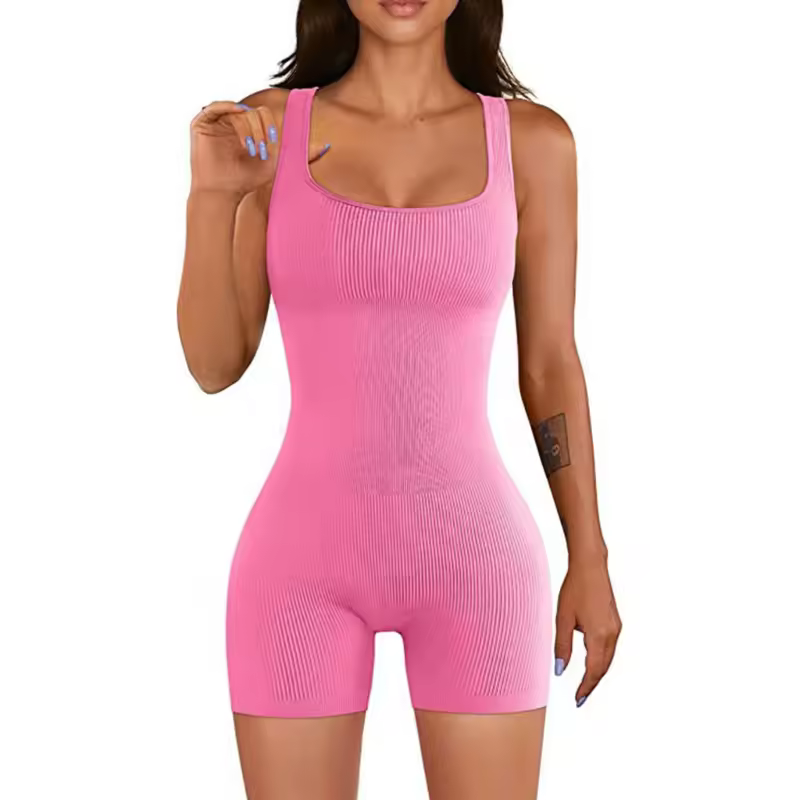 Aerodinamik Yoga Bodysuit Kare Boyun ve Kadın Kızlar için Destekleyici Nervürlü Sıkıştırma Tulum