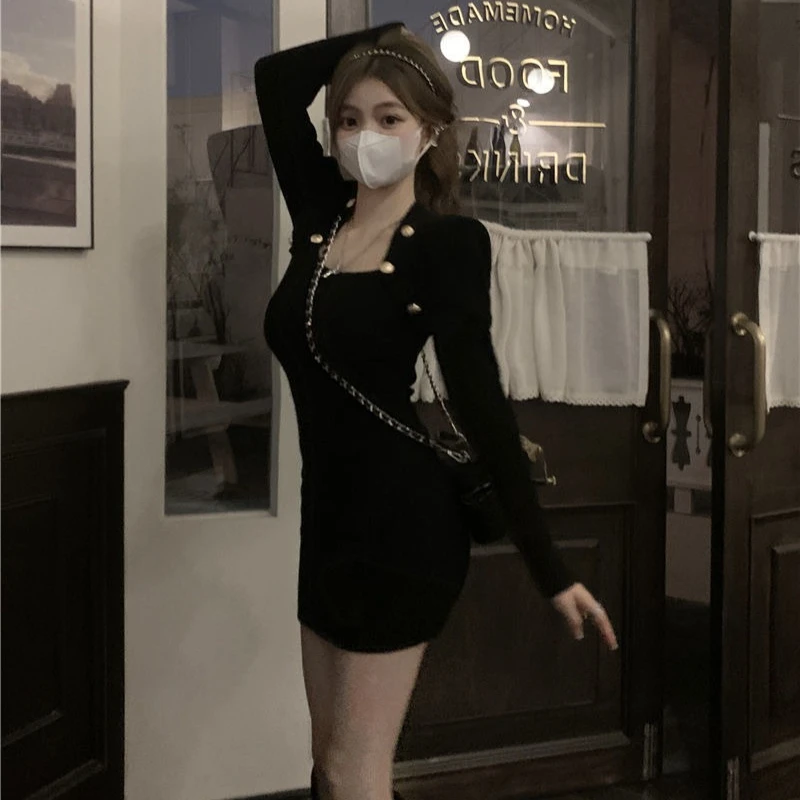 فستان نسائي منسوج أزرق أنيق أساسي رائع Harajuku كوري للخريف والشتاء تخفيضات Y2k Bodycon فساتين كروشيه نسائية #3