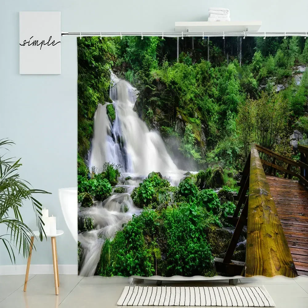 Waterfall Forest Landscape Shower Curtain Natural Scenery Bathroom Decor Green Plants Flowers Stone Rock Lake Park Spring Screen