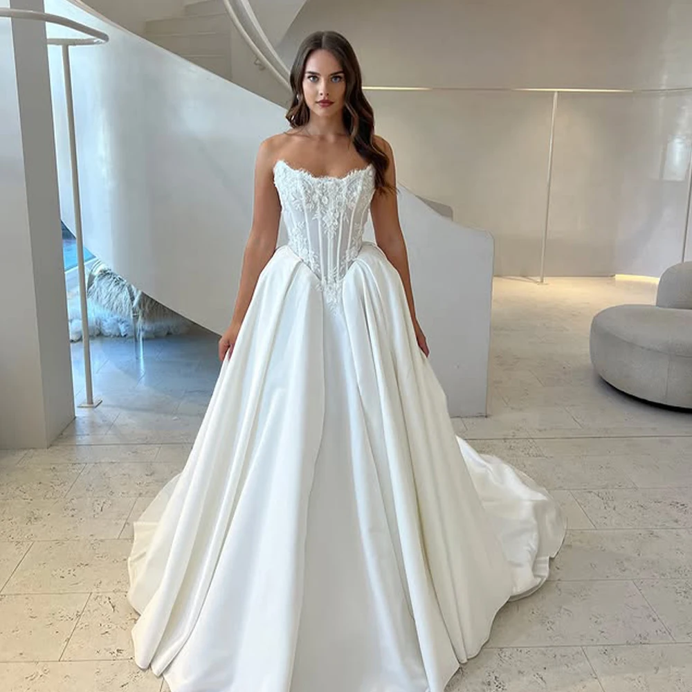 

Elegant Strapless Wedding Dresses Lace Bodice A Line Pleated Sweep Train Bridal Grown 2026 Rode De Morrie Customized