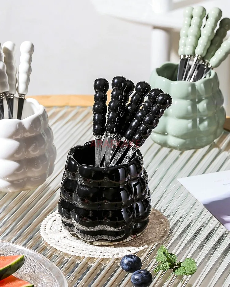 Ceramic household stainless steel fruit skewers, snacks, forks, desserts, cake inserts, light luxury cans, high-end set