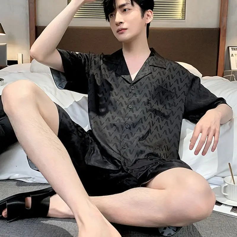

New Imitation Silk Men's Pajamas Set Cardigan Sleepwear Satin Silk Shorts Sleeve Shorts Pyjama Large Size 5XL Homewear Summer