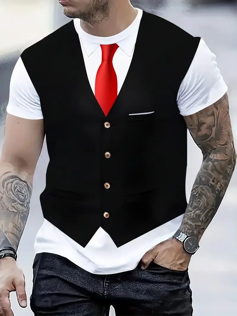 Fashion Men's T-shirts 3d Printing Suit And Tie Pattern Plain Short Sleeved T-shirt For Men Clothing High Street Streetwear Tops