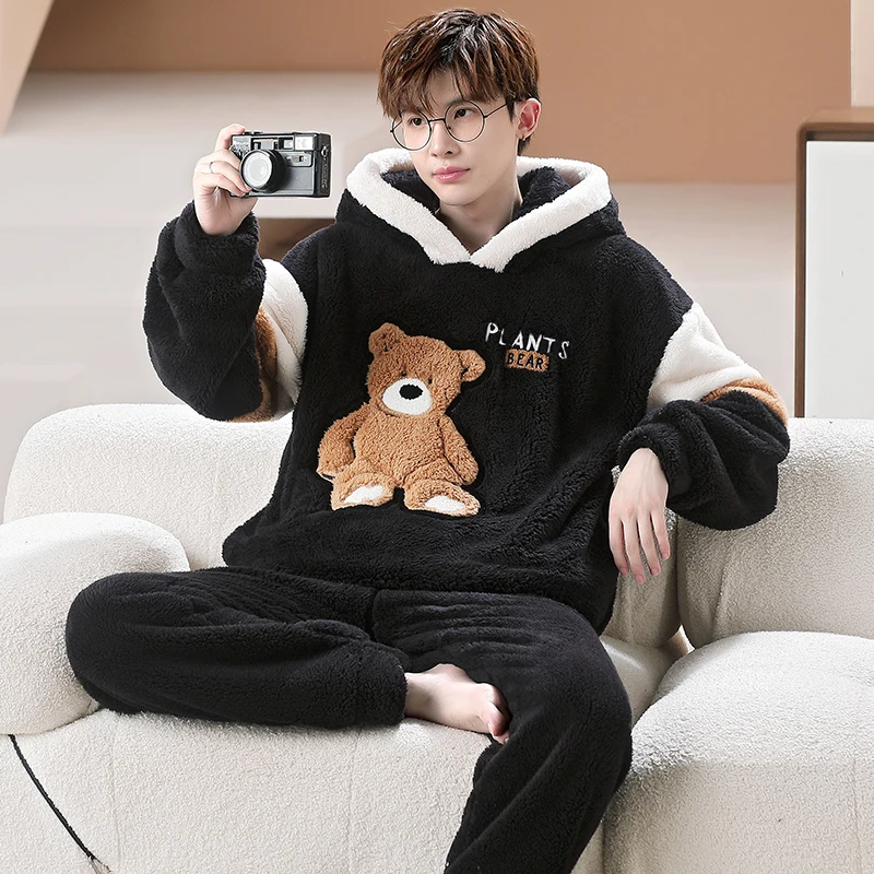 2024 Men\'s Sleepwear For Sleeping Male Winter Coral Plush Boy Pijamas Thicken Plush Loungewear Cartoon Student Warm Homewear Set