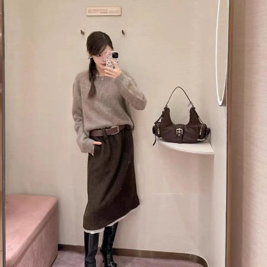 

【Gift Free】2025 Autumn Winter Maillard Vintage Woolen Fake Two-Piece Spliced Split Hem Skirt Women Fashion