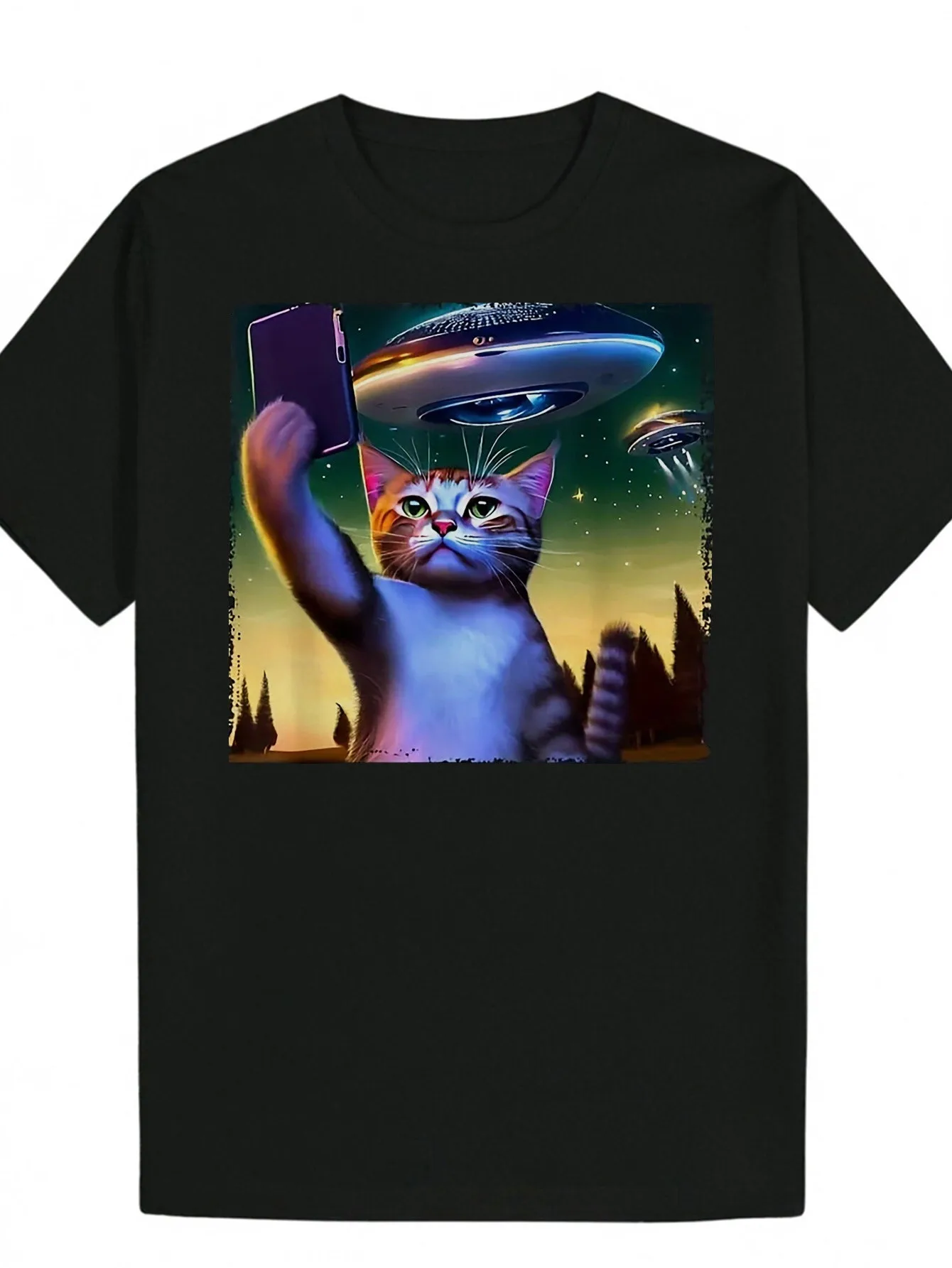 

Men's Funny Sci-Fi Cat Black Graphic T-Shirt