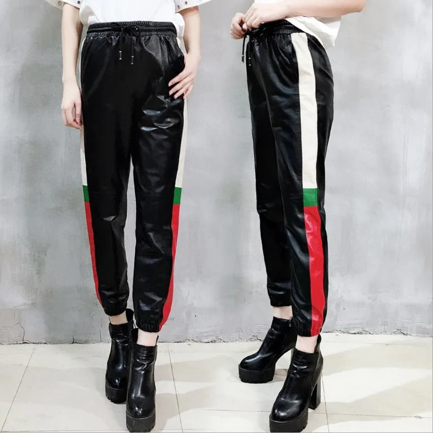 

pencil M-3XL Genuine sheep Leather pants ankle length Sheep skin zipper pant Female high wasit hit color was thin Pants wq2027