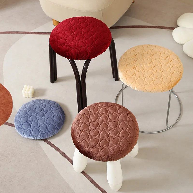Solid Color Round Stool Cover Winter Flannel Cushion Warm Heart Pattern Stool Cover Comfortable Anti-Shedding Round Stool Cover