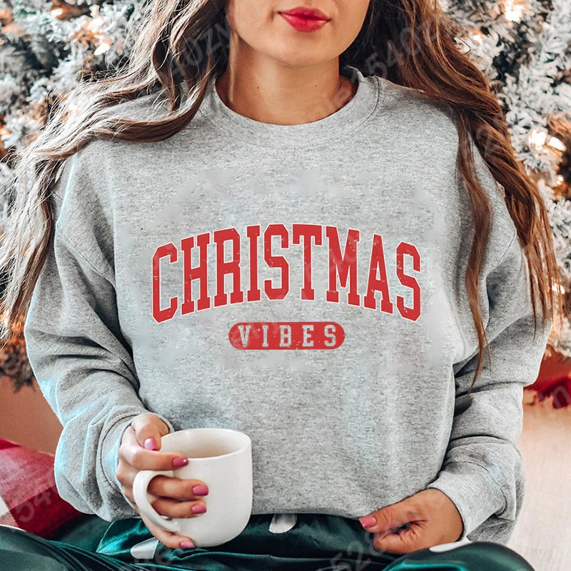 Women Fashion Hoodless Sweatshirt Christmas Vibes Print Round Neck Pullovers Ladies Casual Pure Color Pullovers Long Sleeve Tops