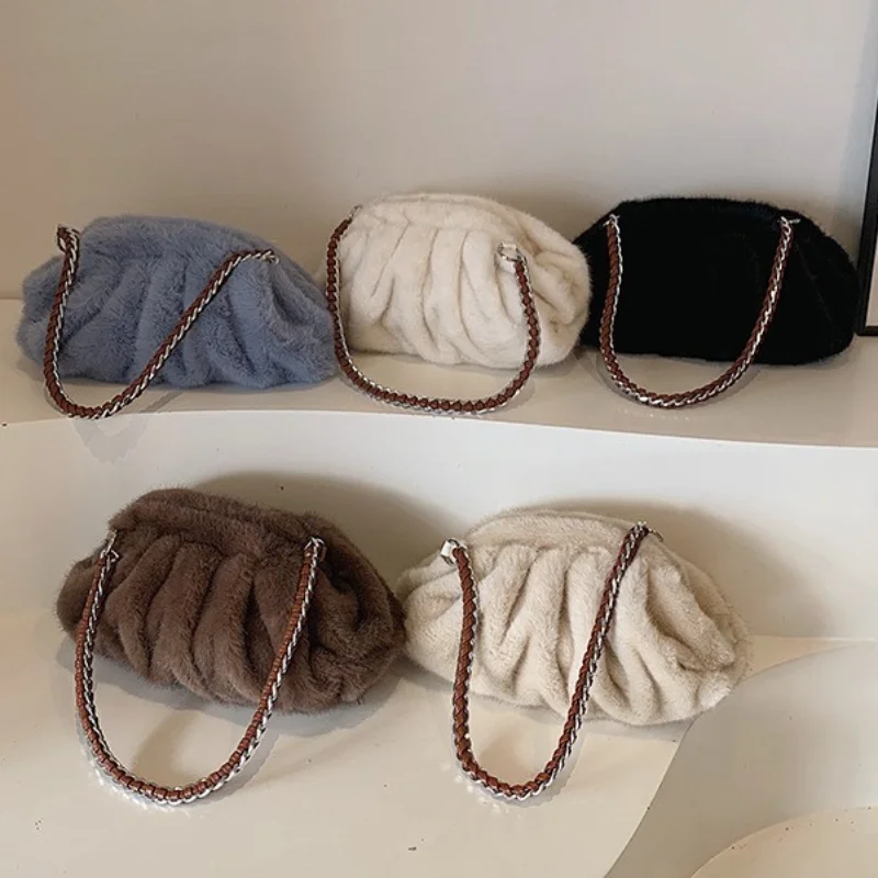 

Luxury Women's Shoulder Bag Faux Mink Fur Fashion Evening Clip Bag Pleated Clouds Clutch Purse Woven Strap Hobo Underarm Bag