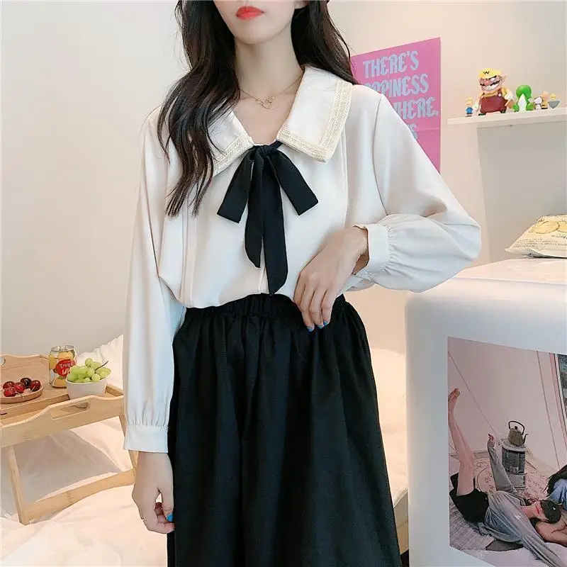 Gidyq Fashion Women Chiffon Shirts Korean All Match Bow Loose Tops Y2K Casual Elegant Female Cute Long Sleeve Blouse Spring New