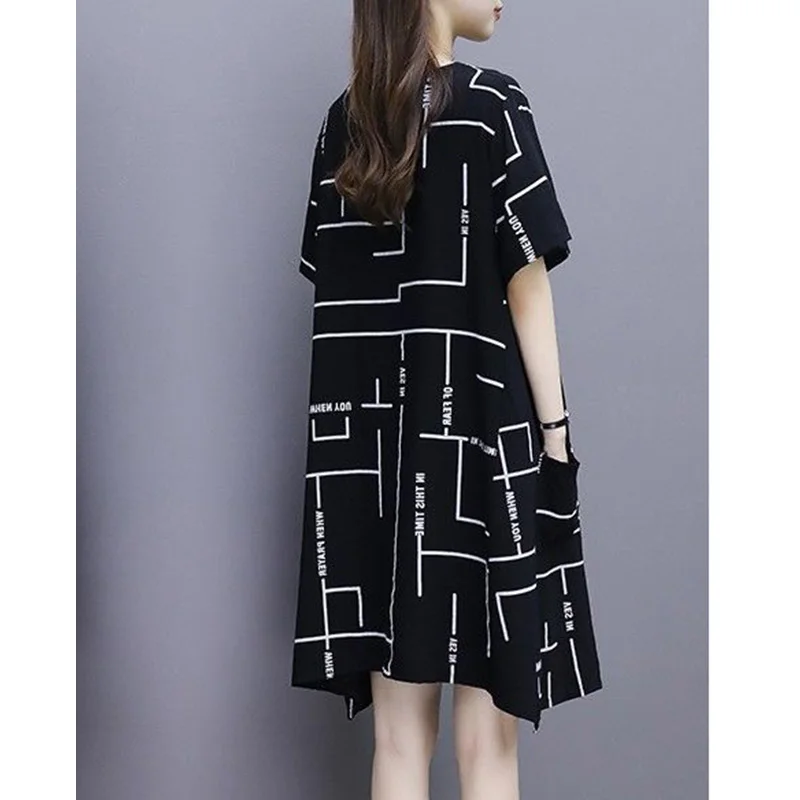 Fashion O-Neck Loose Printed Asymmetrical Casual Dresses Female Clothing 2023 Summer New Oversized Korean Irregular Mini Dress