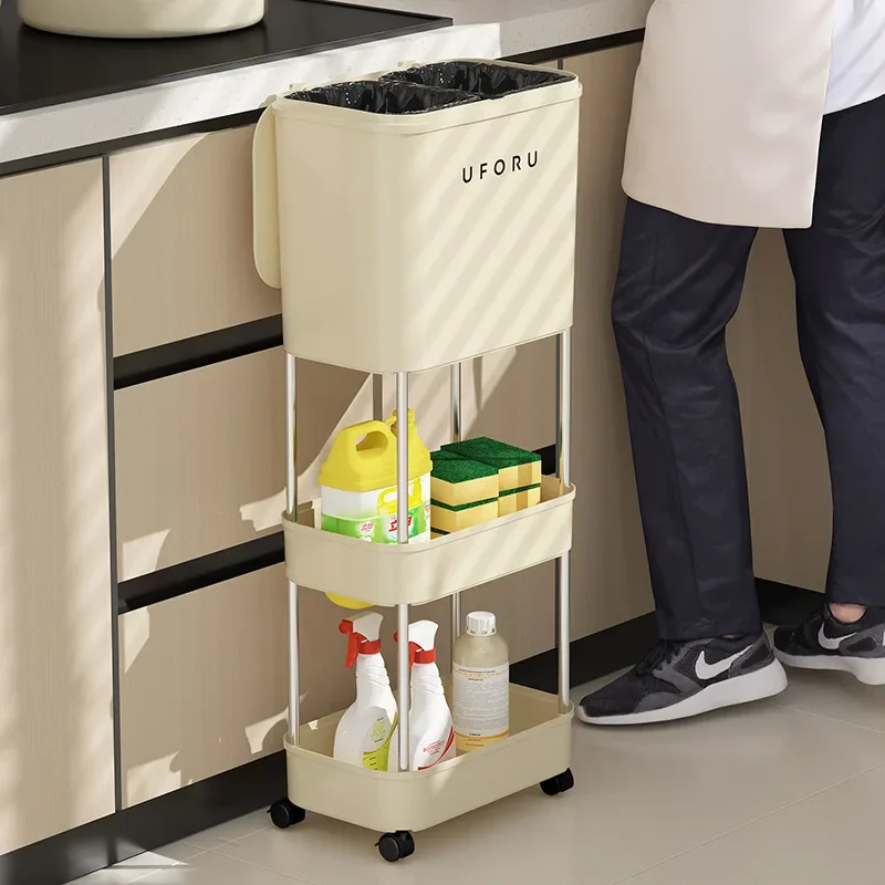 Dual Compartment Rolling Trash Bin Trolley Kitchen Organizer Cart Hands Free Lid No Bending Slim Gap Fit Dry Wet Separation