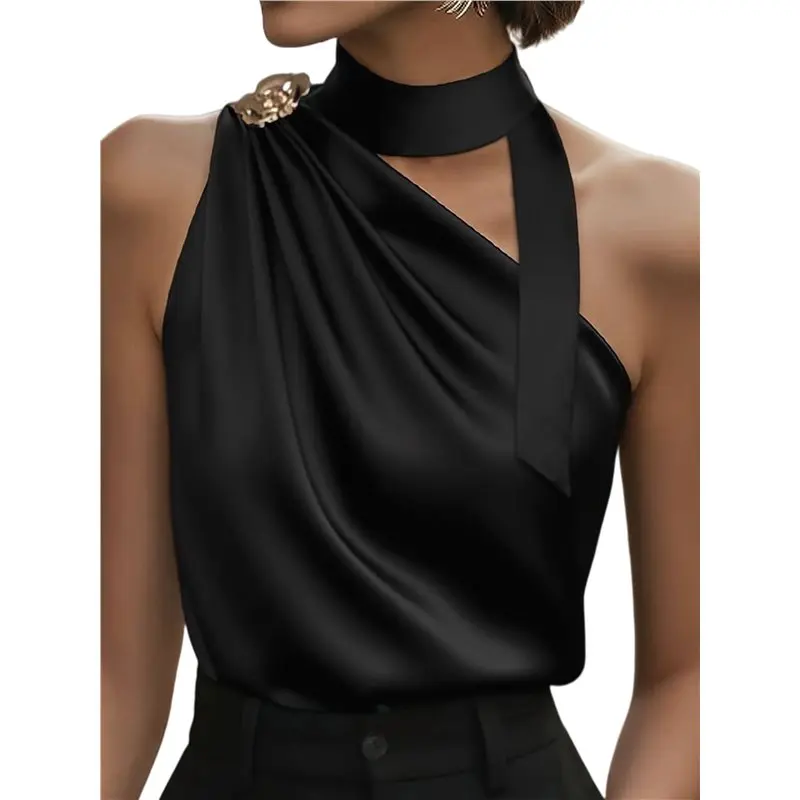 

CYL-Elegant Women's Satin Blouse With Asymmetrical Neck And Ruched Sleeveless Design
