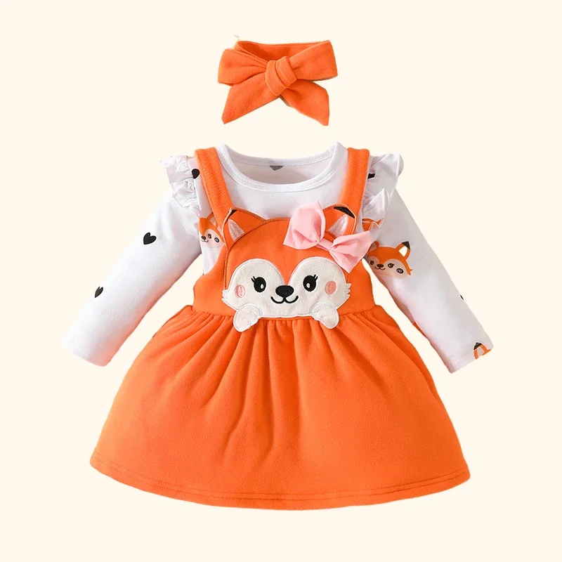 Ensemble barboteuse + robe à bretelles + nœud papillon pour bébé fille, vêtements pour nouveau-né avec imprimé renard de dessin animé, tenues pour