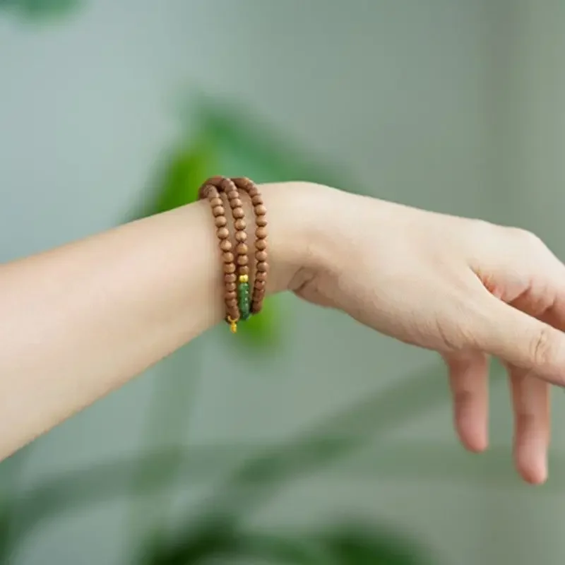 Natural sandalwood 4mm paired with jade wrapped three circle bracelet for women's versatile retro style bracelet