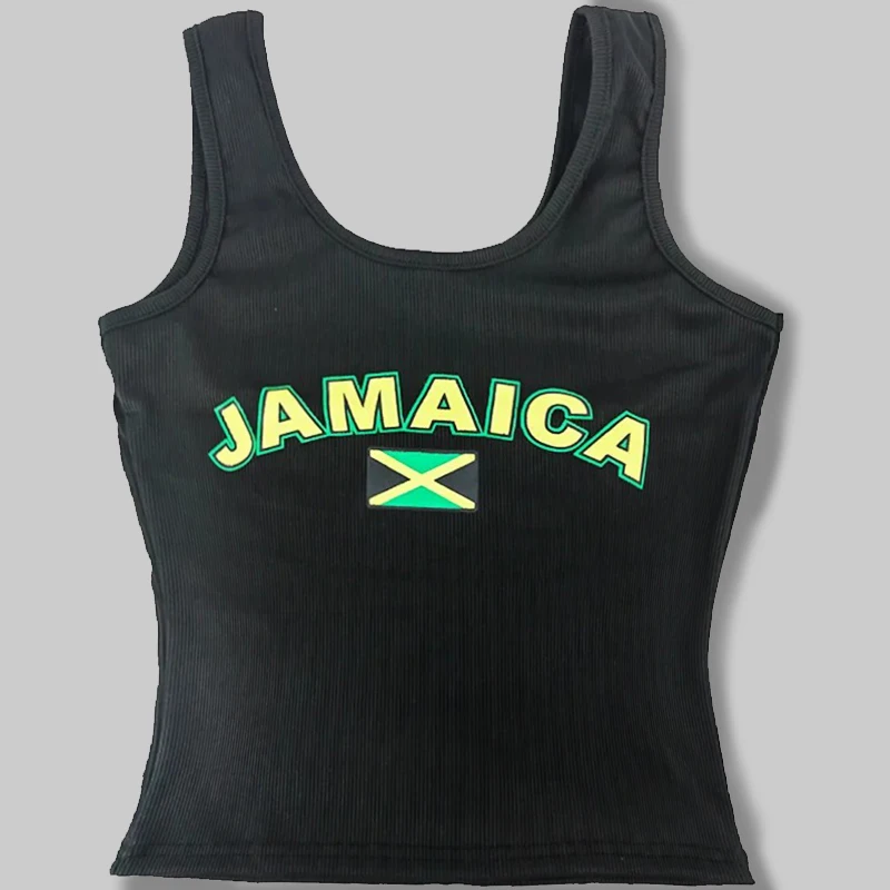 

European And American 2025 New Women's Sexy Printed Letter Jamaican Flag Vest Slim Fit Sleeveless Round Neck Summer Casual