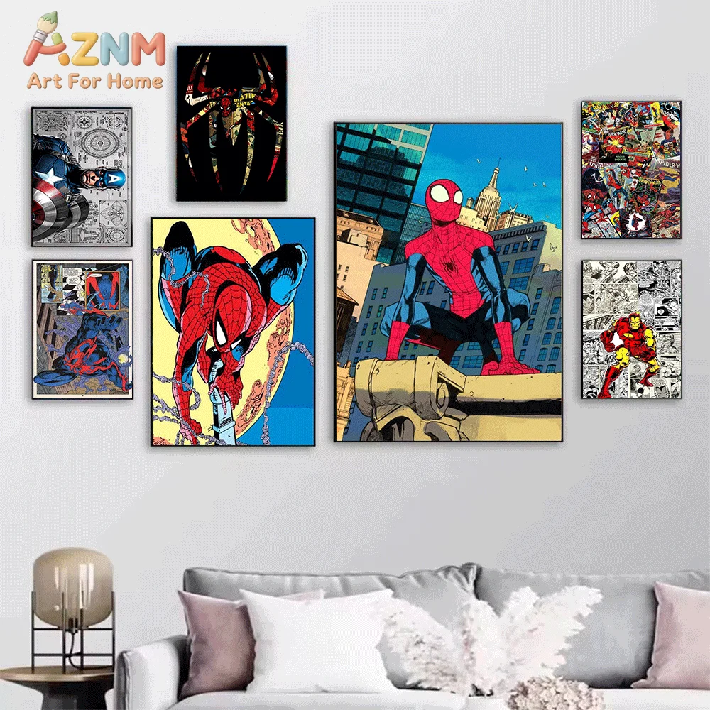 AZNM Spiderman Climbing Glass Skyscraper Canvas Wall Print, Superhero On City Building Window Reflection Comic Graphic Art Pos
