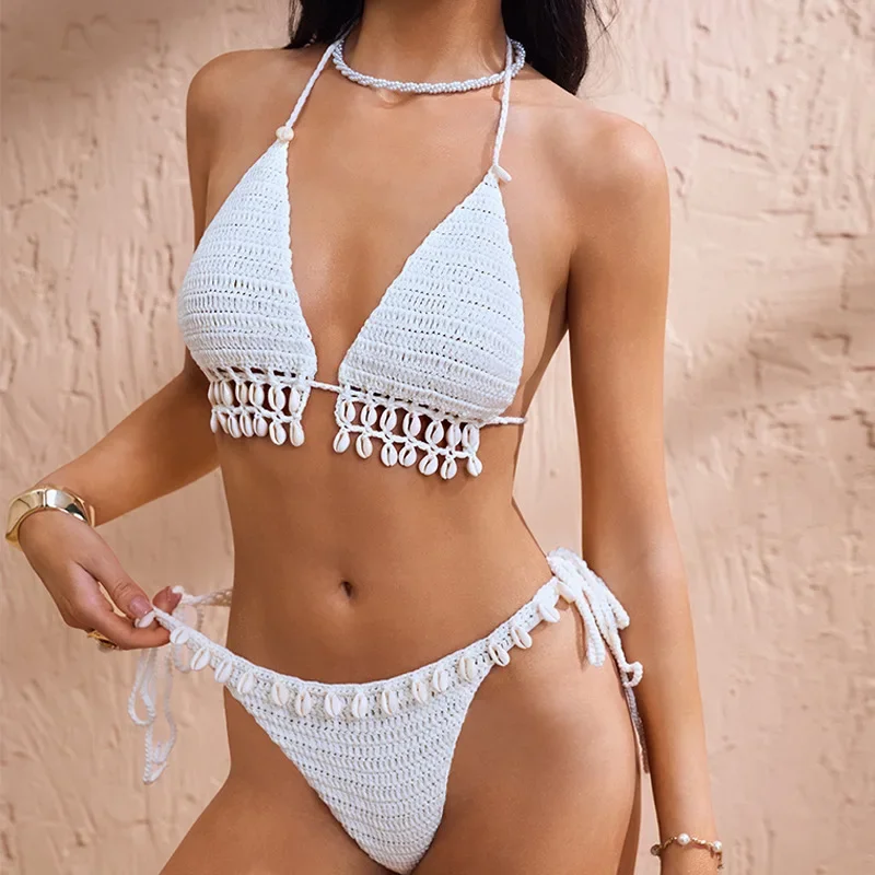 

Женский комплект танкини, украшенный ракушкой, сексуальный крючок, тканый ремень, блузка-бикини, короткий купальник для пляжного отдыха, 2025