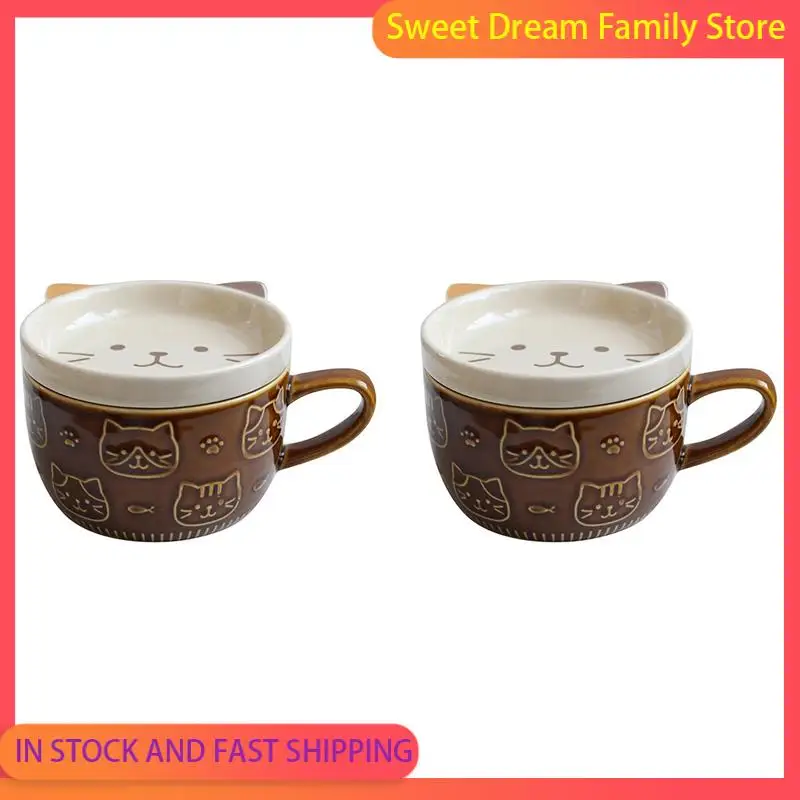 

SDFC-2X Creative Coffee Mugs With Lid Cute Cat Porcelain Cup Family Breakfast Milk Juice Cup Beverage(Brown)