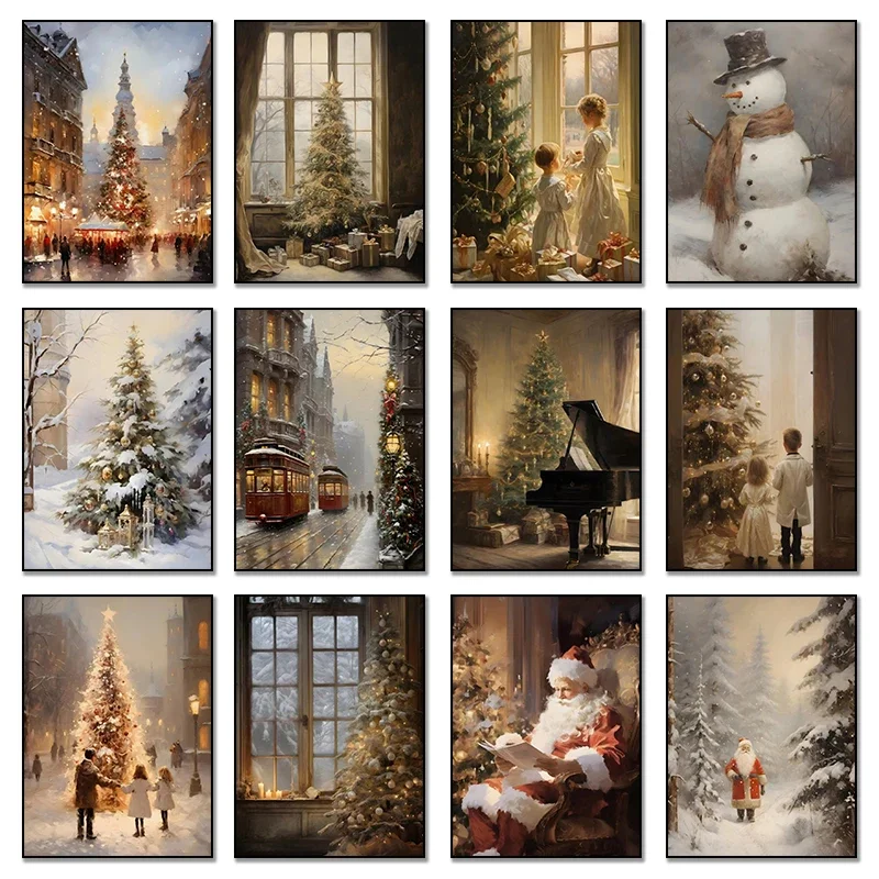 1pc Frameless Retro Christmas Wall Art Canvas Painting  Winter Santa Elk Snowman Tree Gifts Home Decor