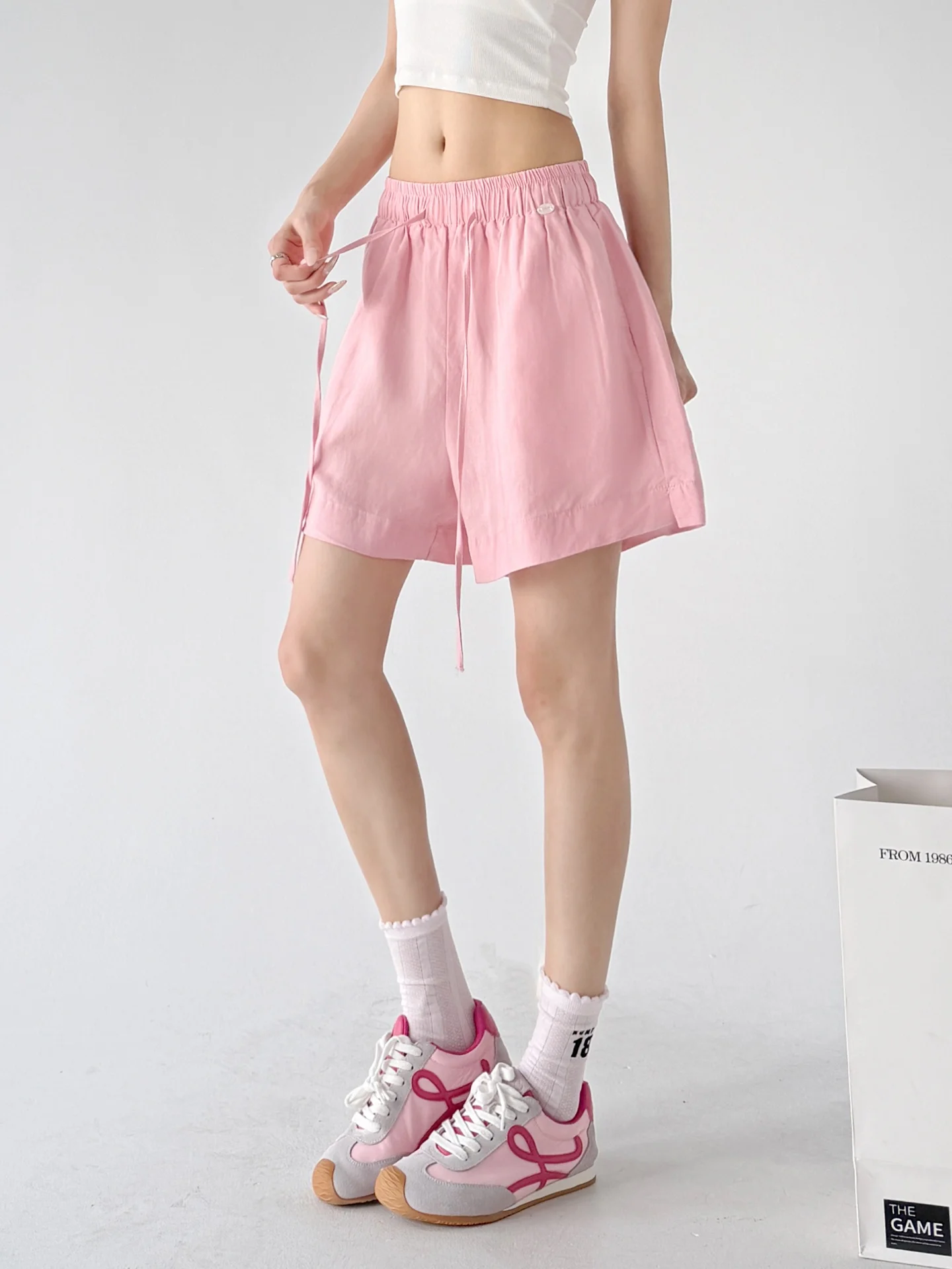 Pink Loose Casual Shorts Women's High Waist Summer New Style Versatile Student Trousers Commute Style Natural Waist Cotton Linen