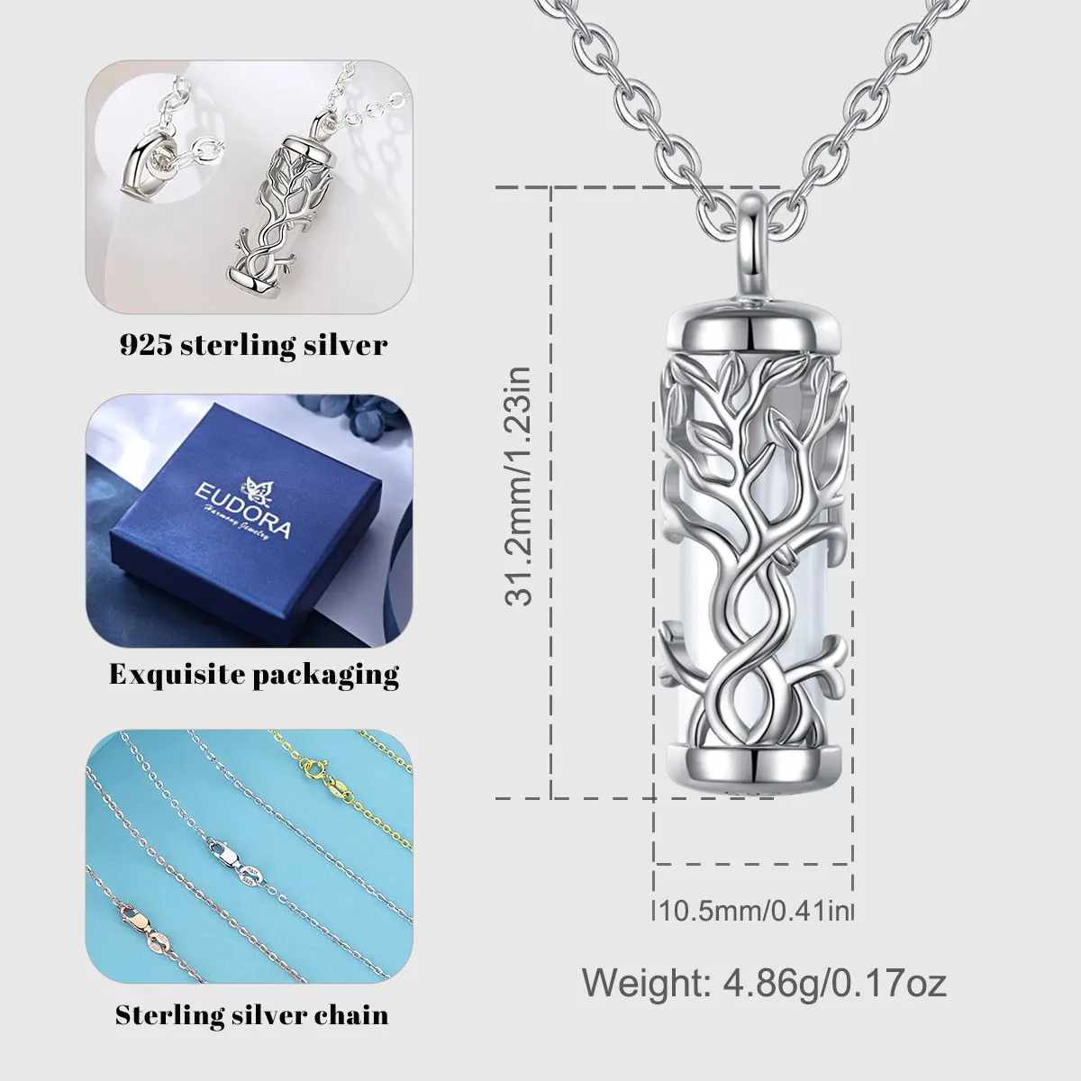 Eudora 925 Sterling Silver Tree of Life Ashes Urn Locket Pendant Necklace Fine Cremation Urn Memorial  Jewelry Gift for Women