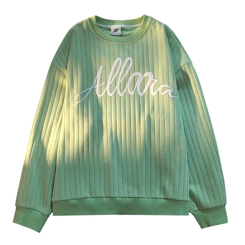 

Green Vertical Stripe Pattern Letter Printing Harajuku Pullover Female Oversized Thin Autumn Winter Casual Woman's Sweatshirt