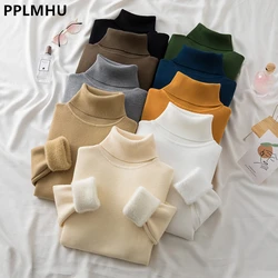 Casual Slim Turtleneck Sweater New Winter Thicken Warm Knit Pullover Tops Women Soft Fleece Lined Knitwear Jumper Big Stretch