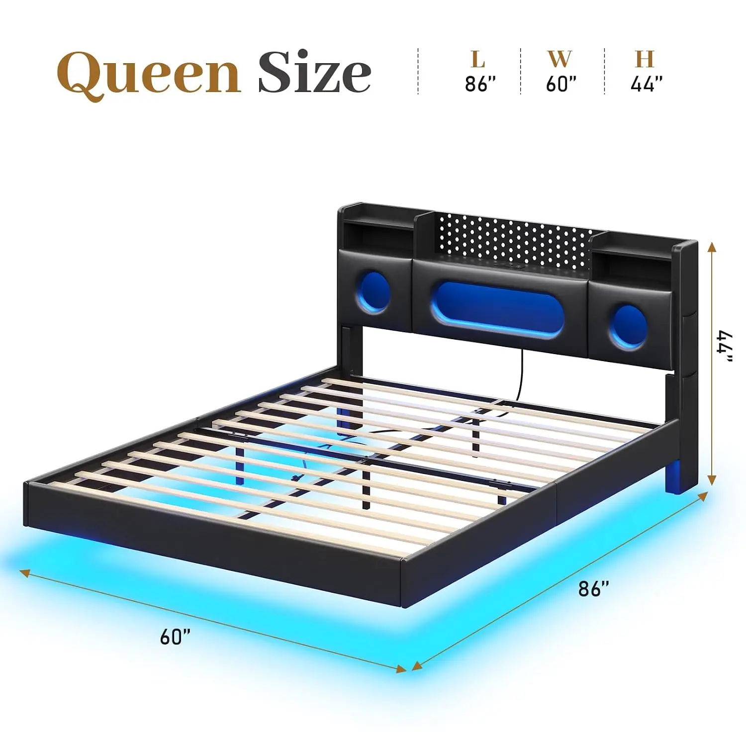 Queen Floating Bed Frame with Headboard LED Lights Charging Station Leather Metal Platform Noise-Free No Box Spring, Customized