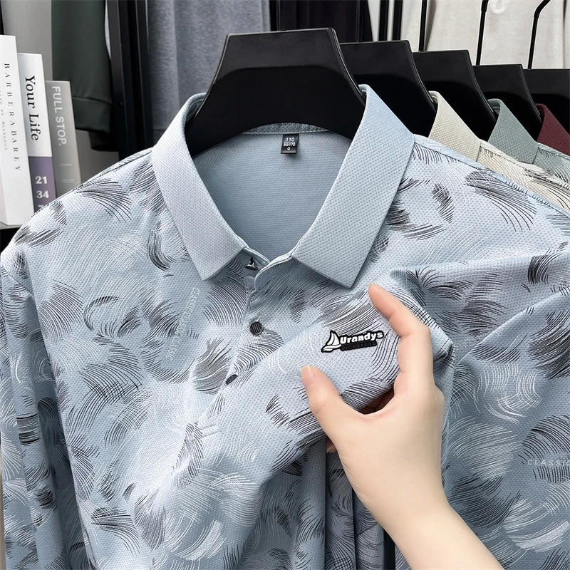 Herren-Polohemd mit abstraktem Blattmuster, langen Ärmeln, umgeschlagenem Kragen, atmungsaktivem, glattem Stoff, für den täglichen, lässigen Gebrauch. – Detail 5